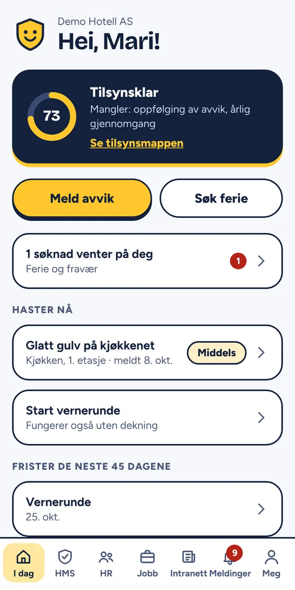 Forsiden i Verner med tilsynsklar-score, meld avvik og frister